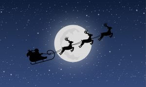 Santa's sleigh with reindeers on background of night sky with stars and moon