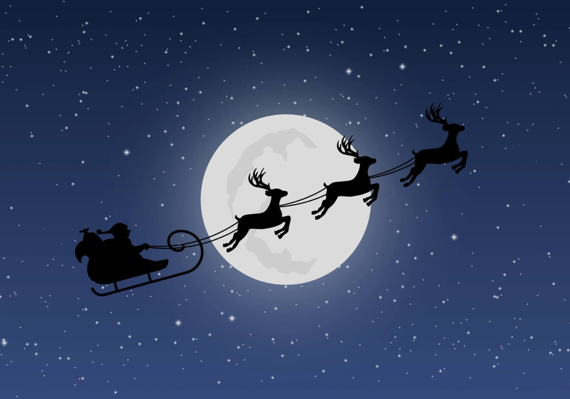 Santa's sleigh with reindeers on background of night sky with stars and moon
