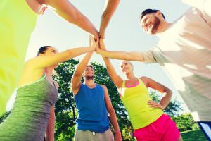 fitness, sport, friendship and healthy lifestyle concept - group
